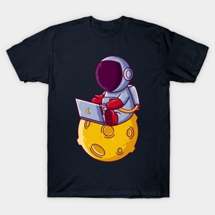 Cute Astronaut Working with Laptop on Moon Cartoon T-Shirt